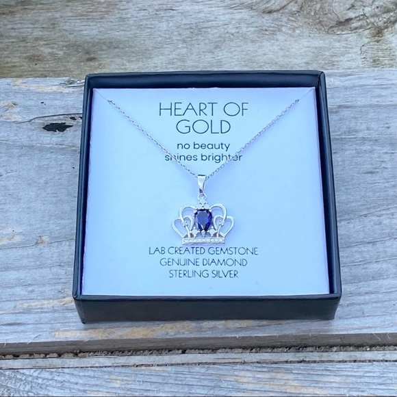 NWT NIB STERLING SILVER SAPPHIRE “HEART OF GOLD” CROWN NECKLACE - Picture 4 of 8